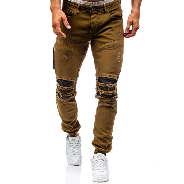 Men's plus-size cotton jeans new denim trousers men's slim solid color high-grade spring autumn ripped 80s pants