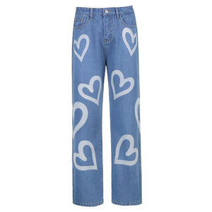 Vintage Heart Printed Baggy Jeans Women High Waist Mom Jeans Denim