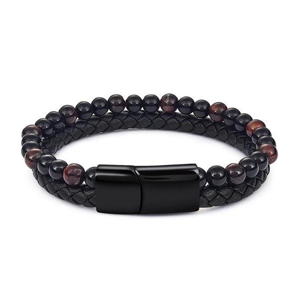 Jiayiqi 6MM Natural Stone Men Bracelet Black Genuine Leather Magnetic Buckle Bangle 18.5/20.5/22cm Male Jewelry