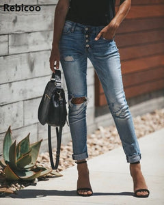 Women High Waist Ripped Denim Jeans Femme Skinny Pencil Pants Jean Hole Ripped Denim Jeans Casual Stretch Skinny Trousers Jeans
