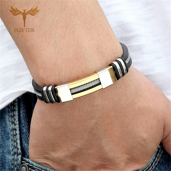 Cool Men's Health Bracelet Stainless Steel Silicone Bracelets with Chain Men Accessories Jewelry Rubber Wristband