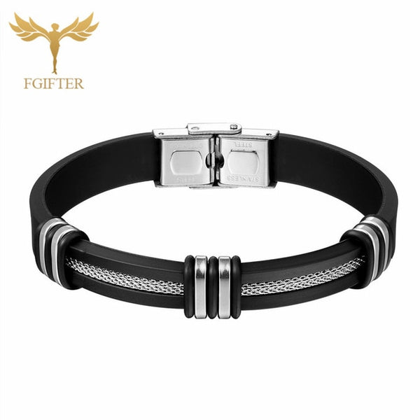 Cool Men's Health Bracelet Stainless Steel Silicone Bracelets with Chain Men Accessories Jewelry Rubber Wristband
