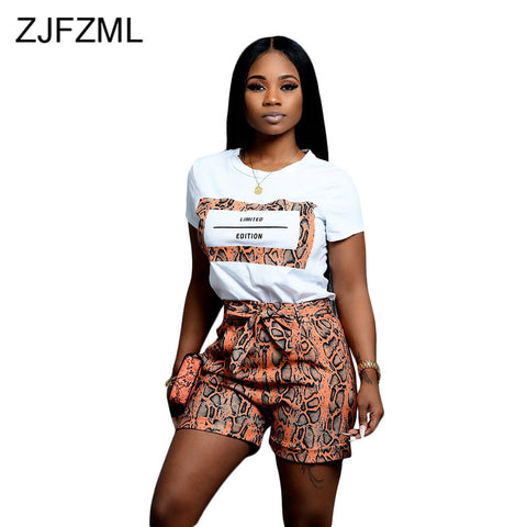 Snake Skin Print Sexy 2 Piece Outfits For Women O Neck Short Sleeve T Shirt And Bodycon  Shorts Sweat Suits Vintage Matching Set