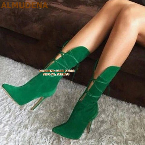ALMUDENA Women Green Suede Cross Lace-up Boots Runway Fashion Stiletto Heels Pointed Toe Cut-out Mid-calf Dress Boots Heel Shoes