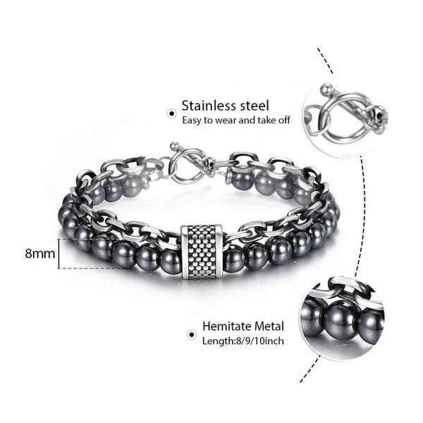 Trendsmax Natural Map Stone Men's Beaded Bracelet for women Stainless Steel Bracelets Male Jewelry Tiger eye 8 9 10 inch DB33