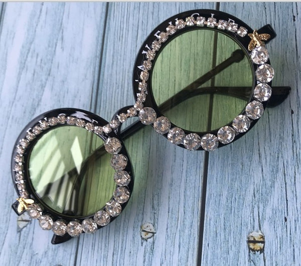 2019 M16 Gorgeous Women Sunglasses Crystal Diamond Handmade Round Eyewear UV400 Mirror Lens Flower Design Summer Sun Glasses
