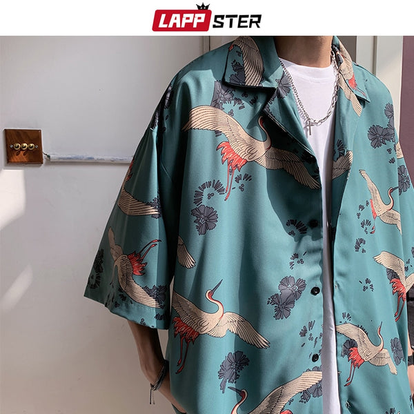 Mens Crane Print Shirts Summer Vintage Button Up Short Sleeve Shirts Male Smooth Blouses