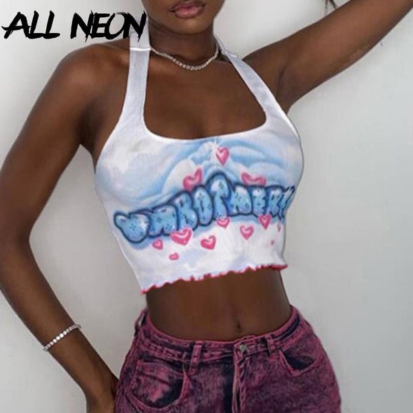 Graphic and Letter Printing Halter Crop Tops Y2K Fashion Backless Bandage Ruffles Sleeveless Tank Top