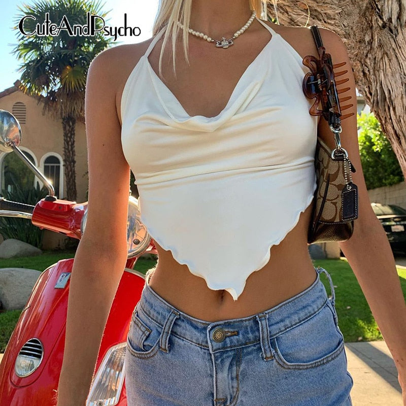 Halter Rhombus Crop Tops for Women Backless Lacing Cropped
