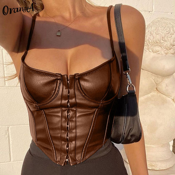 Leather Corset Top Sleeveless Solid