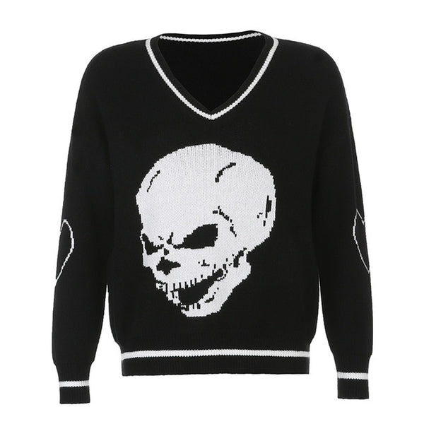 Sweaters Skulls Pullovers V Neck Knitwear Loose Casual Knitted Tops