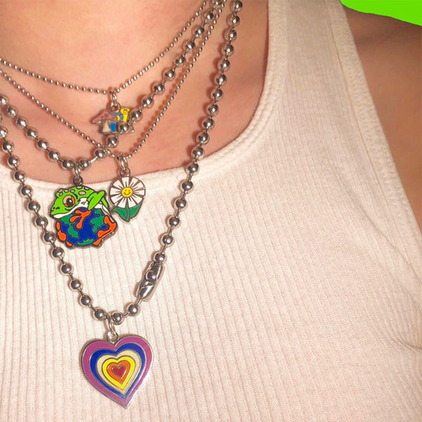 Y2K Rainbow Heart Mushroom Necklace For Women Butterfly Charms Vintage 90s Style Choker Necklace