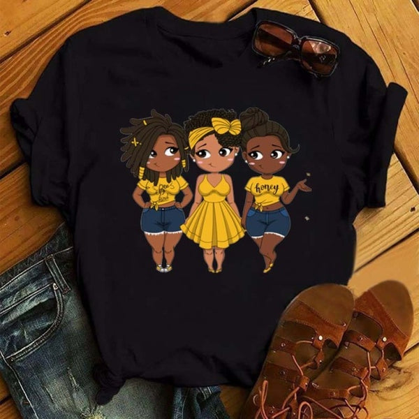 Black African Girls T-shirt Women Cartoon Graphic Print
