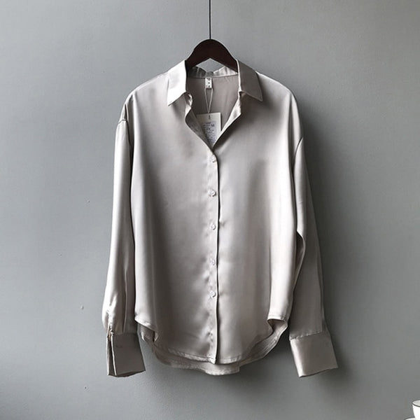 Satin Shirts Long Sleeve Blouse Women Button Up White Loose