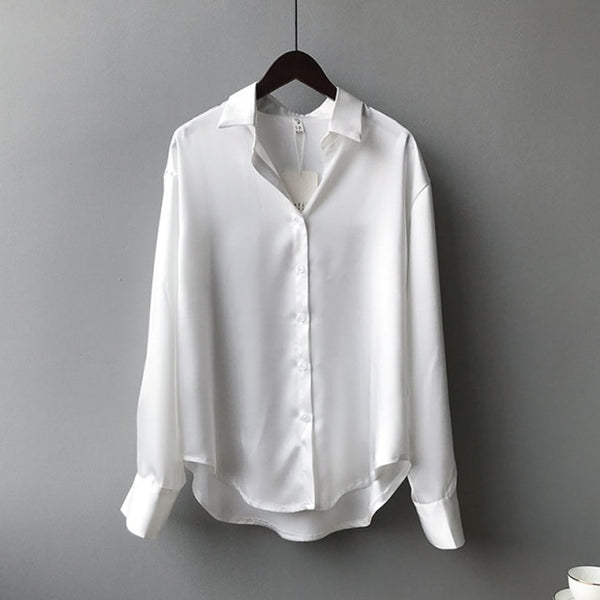Satin Shirts Long Sleeve Blouse Women Button Up White Loose