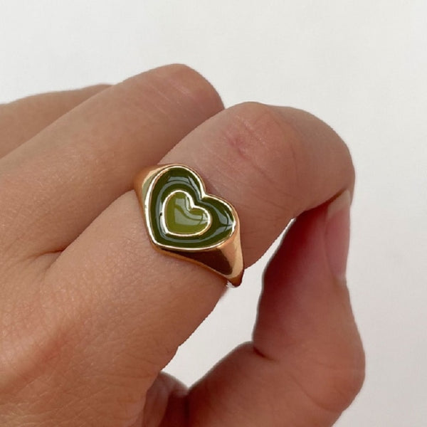 Vintage Double Layer Heart Enamel Ring  Dripping Oil Color Contrast Opening Metal Ring Couple Jewelry