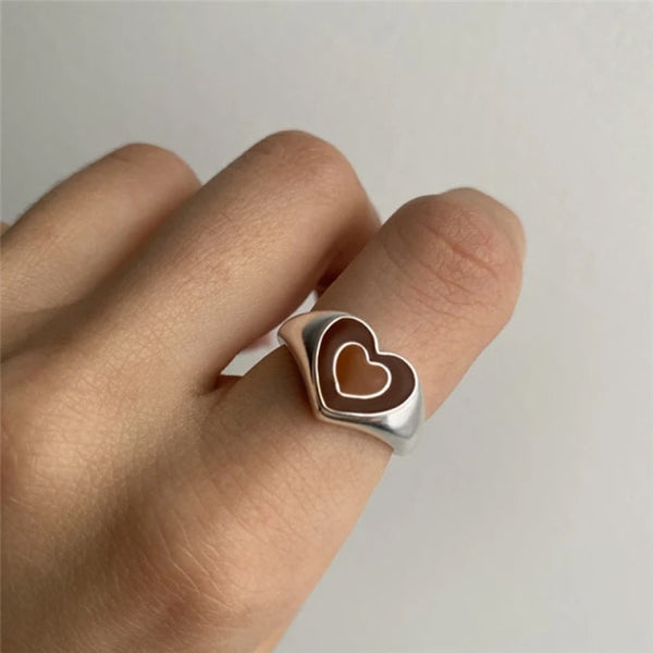 Vintage Double Layer Heart Enamel Ring  Dripping Oil Color Contrast Opening Metal Ring Couple Jewelry