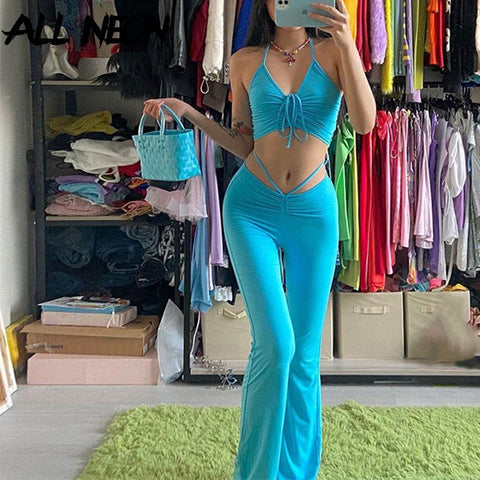 Bandage Blue Suits  Drawstring Halter Top and High Waist Flare Pants 2 Piece Set