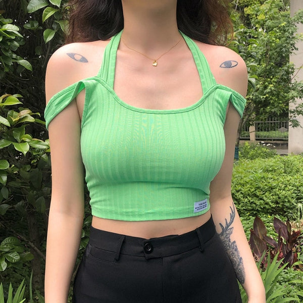 Green Camis Backless V-neck Short Tank Tops Y2K Aesthetic 90s Clothing