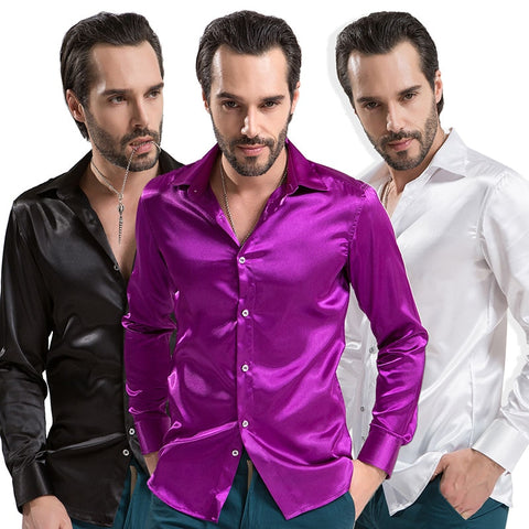 Luxury Shiny Silk Like Satin Fashion Men Dress Shirts  Long Sleeve Male Wedding Groom Stage Prom Casual Button Party Shirt