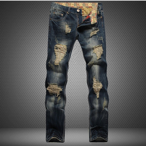 Hole Metrosexual Straight Destroyed Jeans Brand Slim Casual Ripped Jeans Homme Retro Men's Denim Trousers High Quality Cotton