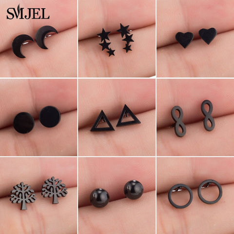 SMJEL Fashion Bohemian Vintage Earrings Jewelry Cute Black Geometric Round Stainless Steel Stud Earring Best Gift for Women Girl