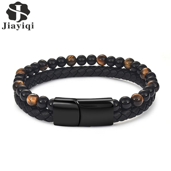 Jiayiqi 6MM Natural Stone Men Bracelet Black Genuine Leather Magnetic Buckle Bangle 18.5/20.5/22cm Male Jewelry