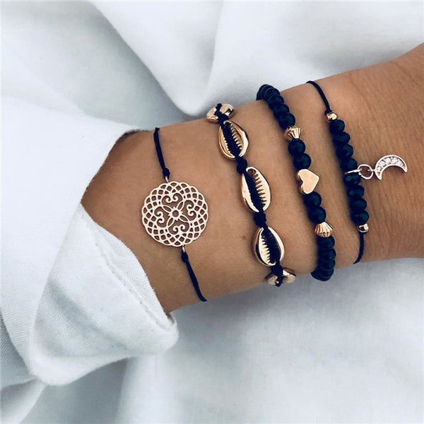 DIEZI Bohemian Black Beads Chain Bracelets Bangles For Women Fashion Heart Compass Gold Color Chain Bracelets Sets Jewelry Gifts