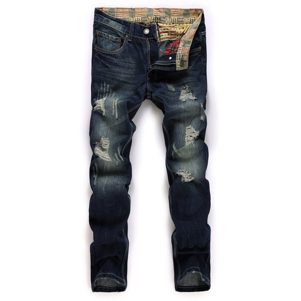 Hole Metrosexual Straight Destroyed Jeans Brand Slim Casual Ripped Jeans Homme Retro Men's Denim Trousers High Quality Cotton