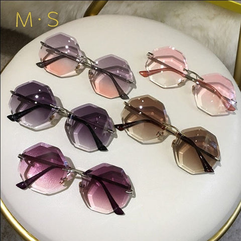 new round sunglasses women oversized  eyewear 2018 gradient brown pink rimless sun glasses for female gift Brand Designer uv400